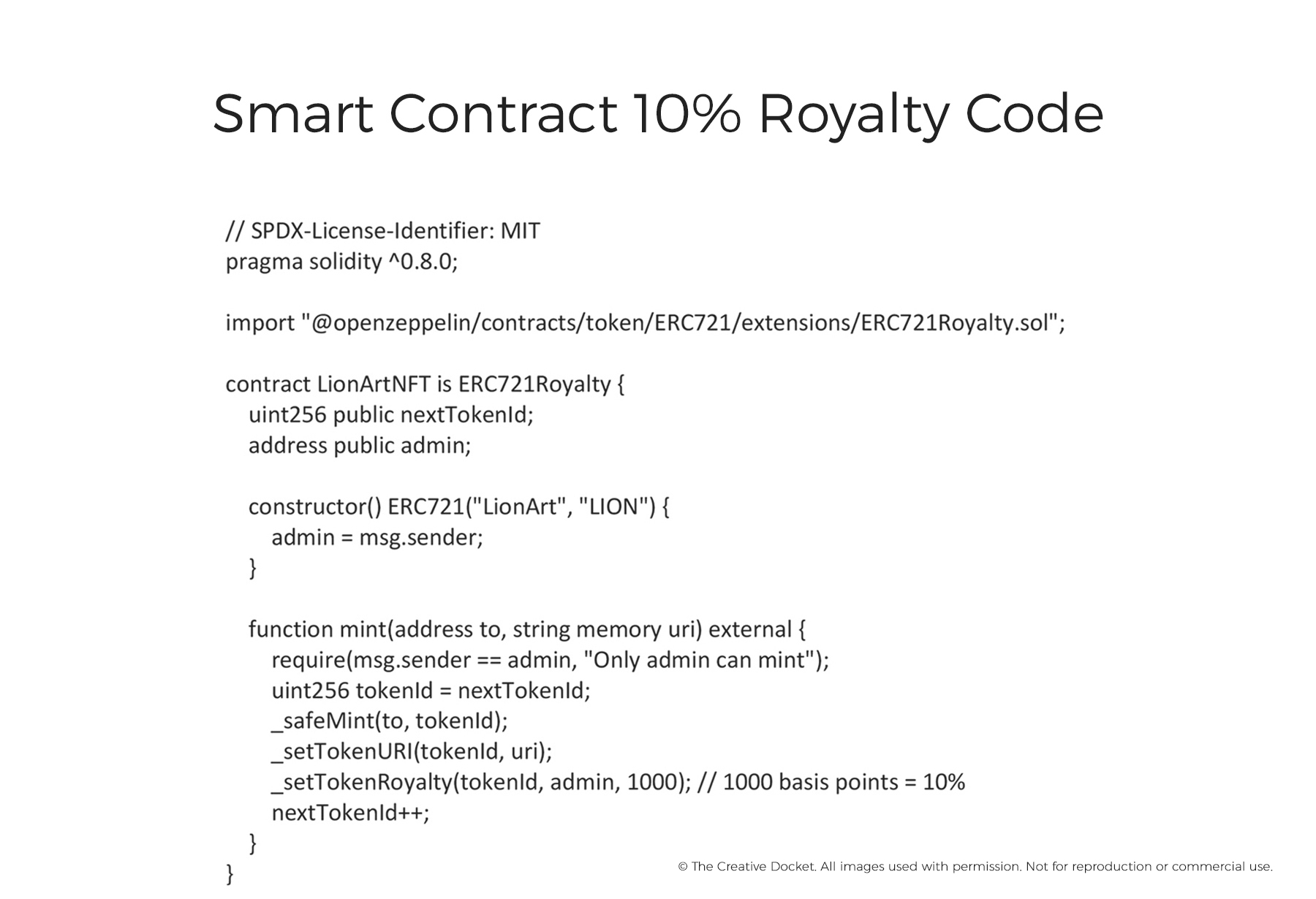 Code example of a smart contract for 10% NFT royalties, illustrating new methods in the types of music royalties